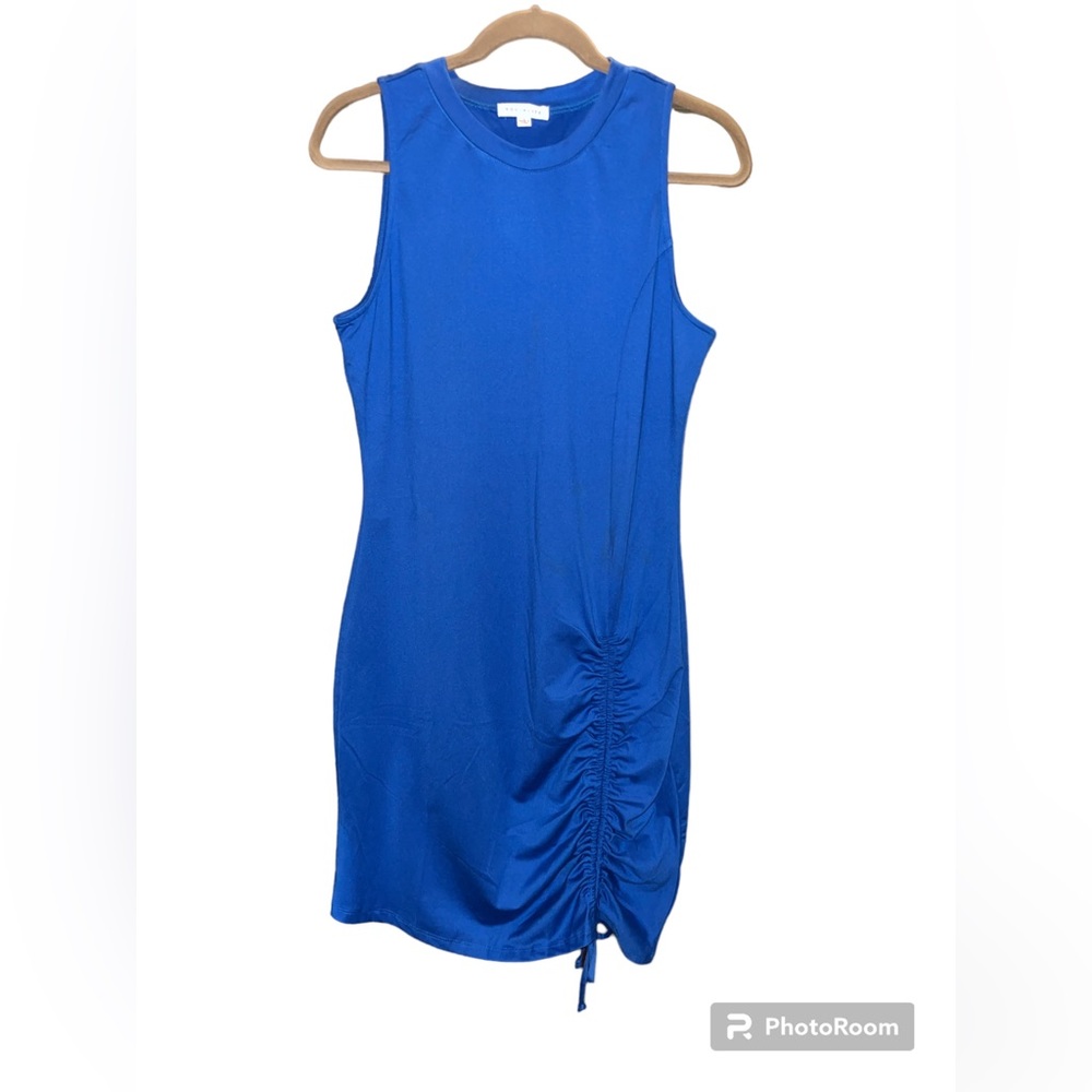 Socialite Tank Dress Large Blue Drawstring Ruched Knit Bodycon